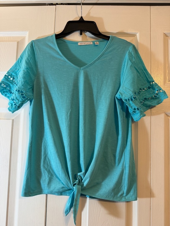 Notations Tops - Notations Turquoise V-Neck Tie-Front Top with Crochet Trim Sleeves